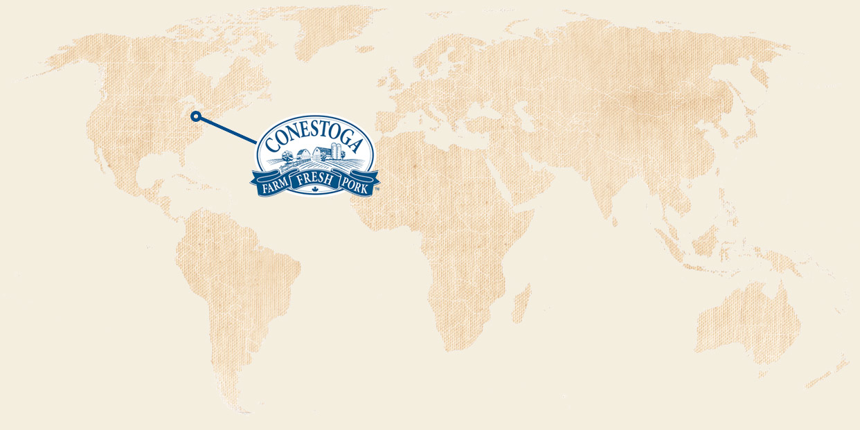 World map with Conestoga Meats logo